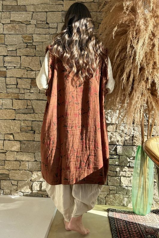 Oriental Bloom Longline Gilet Jacket Rust 